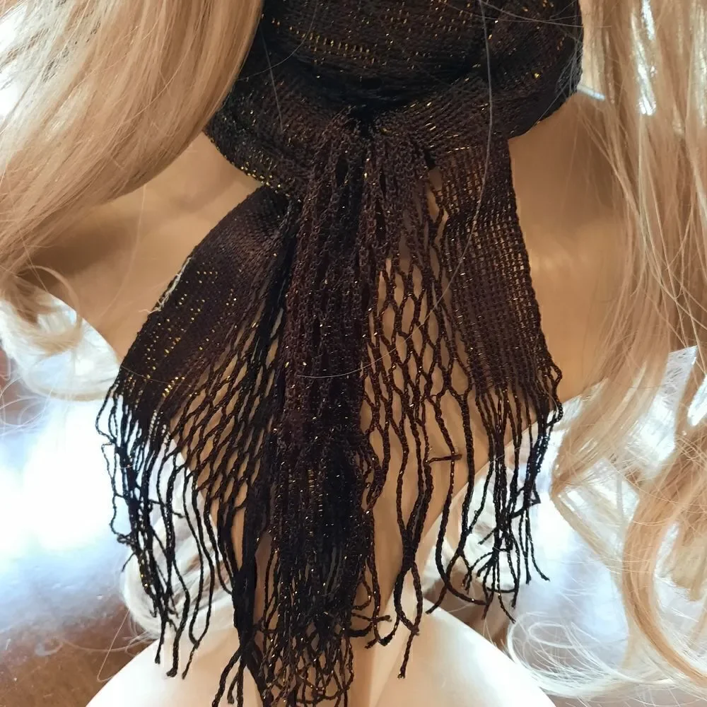 Brown/ Gold Metallic Fringed Netted Scarf/Tie Belt